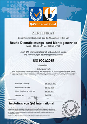 ISO 9001:2015 Zertifikat - Beuke Dienstleistungs- und Montageservice